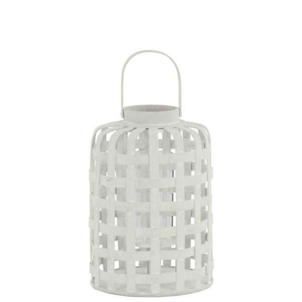 Wood Round Lantern with Lattice Design Body and Handle, White-Home Accent-White-Wood-JadeMoghul Inc.