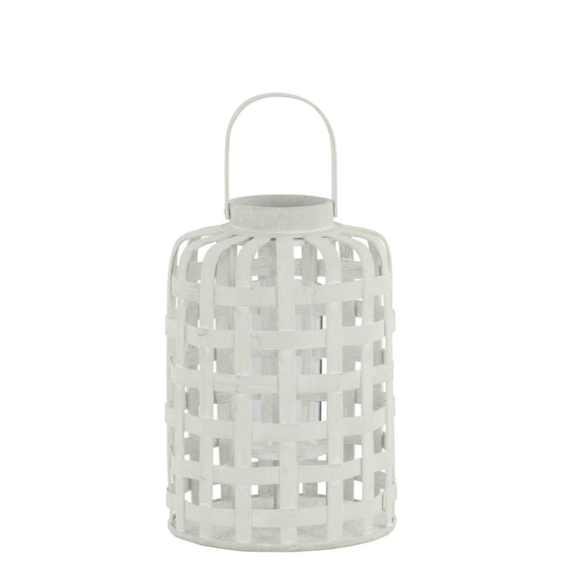 Wood Round Lantern with Lattice Design Body and Handle, White-Home Accent-White-Wood-JadeMoghul Inc.