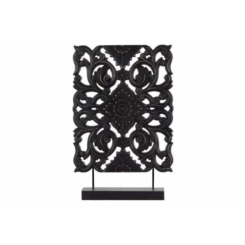 Wood Tall Rectangular Filigree Ornament on Rectangular Stand, Black-Home Accent-Black-Wood-JadeMoghul Inc.