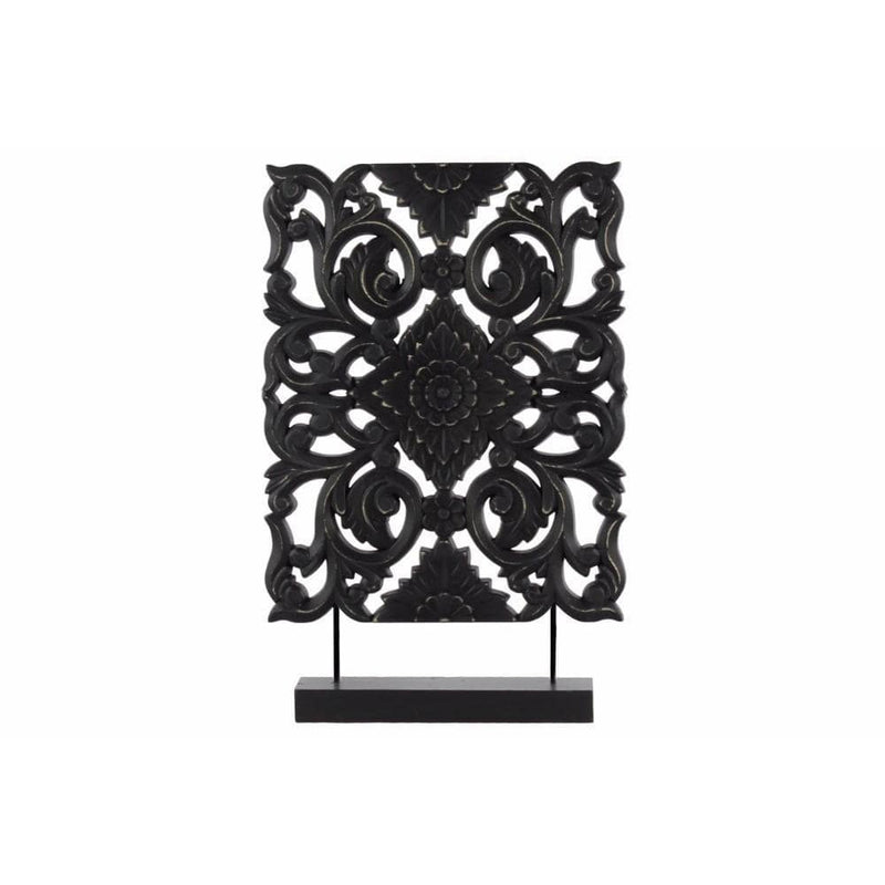 Wood Tall Rectangular Filigree Ornament on Rectangular Stand, Black-Home Accent-Black-Wood-JadeMoghul Inc.