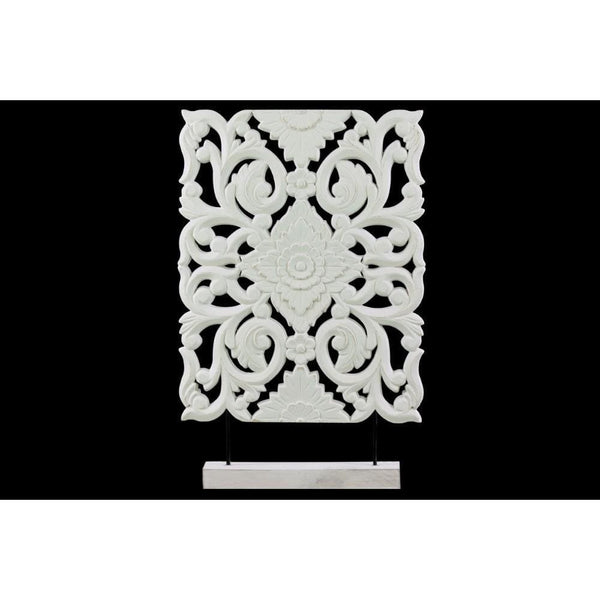 Wood Wide Rectangular Filigree Ornament on Rectangular Stand, White-Home Accent-White-Wood-JadeMoghul Inc.