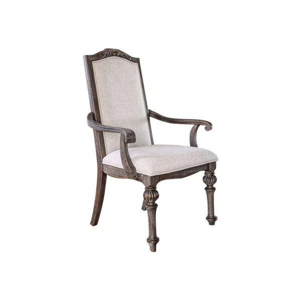 Wooden Arm Chair with Ivory Fabric Cushion Seat & back, Rustic Brown, Pack of 2-Dining Chairs-Brown, Ivory-Wood & Fabric-JadeMoghul Inc.