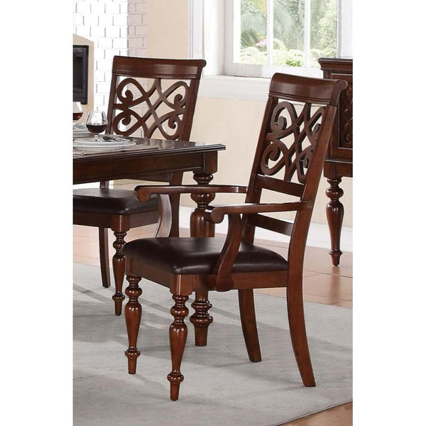 Wooden Arm Chair With Leatherette Seat And Designer Open Work Back, Cherry Brown, Set of 2-Dining Chairs-Brown-Wood Leatherette-JadeMoghul Inc.