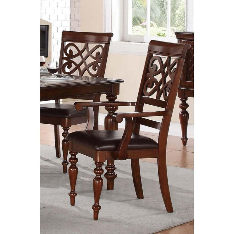 Wooden Arm Chair With Leatherette Seat And Designer Open Work Back, Cherry Brown, Set of 2-Dining Chairs-Brown-Wood Leatherette-JadeMoghul Inc.