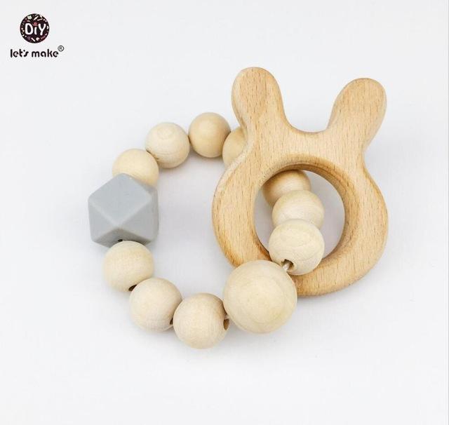 Wooden Baby Bracelet Animal Shaped Jewelry Teething For Baby Organic Wood Silicone Beads Baby Rattle Stroller Accessories Toys