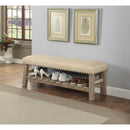 Wooden Bench with Fabric upholstered Seat Accented with Nail head Trim, Antique White-Benches-Antique White-Wood & Fabric-JadeMoghul Inc.