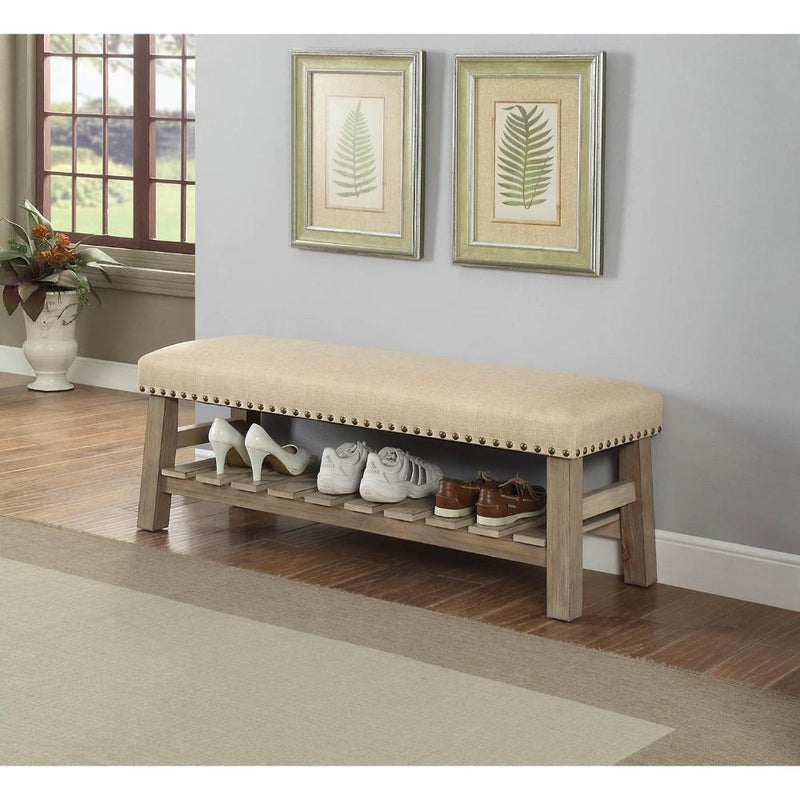 Wooden Bench with Fabric upholstered Seat Accented with Nail head Trim, Antique White-Benches-Antique White-Wood & Fabric-JadeMoghul Inc.