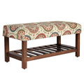 Wooden Bench with Medallion Patterned Fabric Upholstered Seat, Multicolor