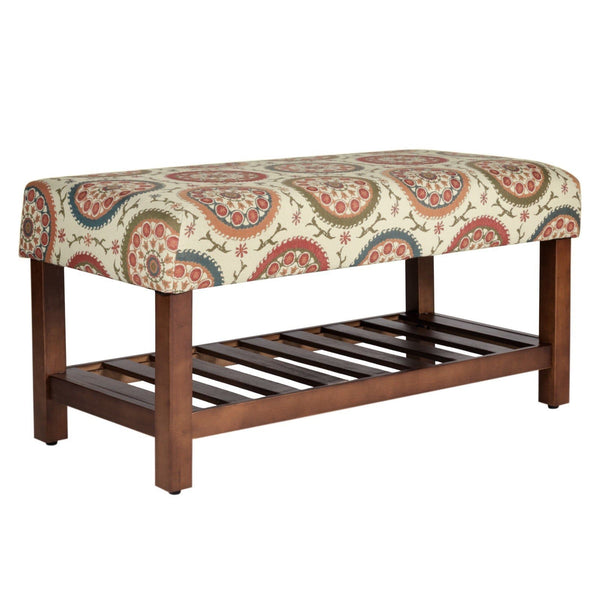 Wooden Bench with Medallion Patterned Fabric Upholstered Seat, Multicolor