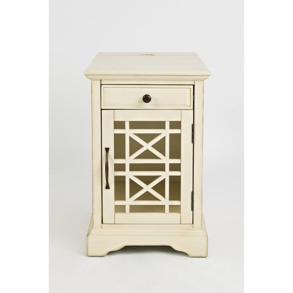 Wooden Chairside Table with Power Outlets, Antique Cream-End Tables-Cream-Wood Metal and Glass-JadeMoghul Inc.