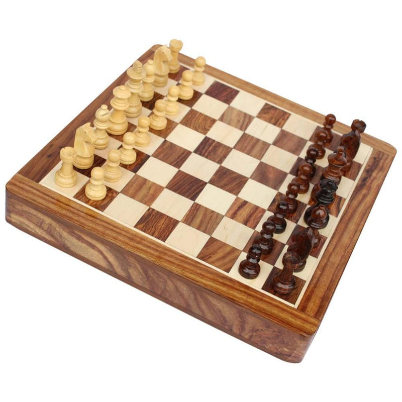 Wooden Chess Set With Felted Storage, Brown And Beige-Decorative Objects and Figurines-Brown and Beige-Wood-JadeMoghul Inc.