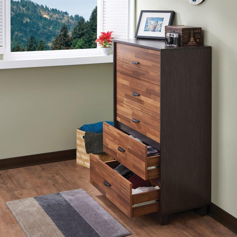 Wooden Chest with 5 Drawers, Walnut & Espresso Brown-Accent Chests and Cabinets-Brown-PB MDF-JadeMoghul Inc.