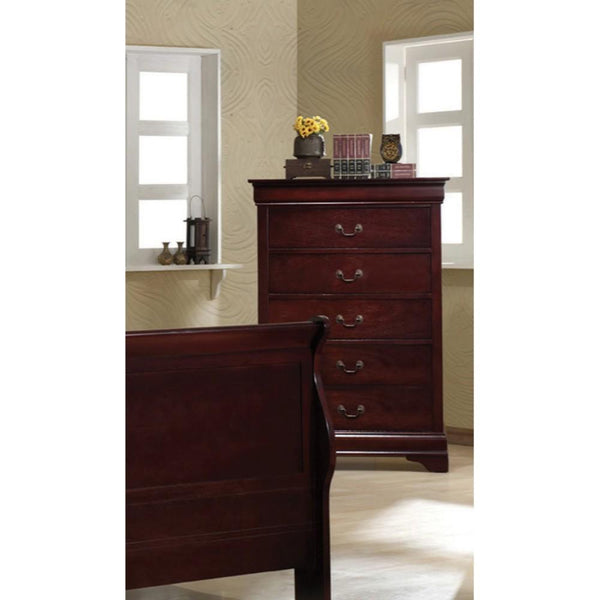 Wooden Chest with 5 Spacious Drawers and Bracket Feet, Brown-Cabinet and Storage Chests-Brown-Metal Tropical hardwood and okume veneer-JadeMoghul Inc.