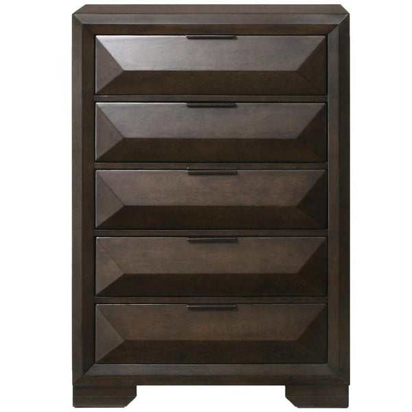 Wooden Chest with Dramatic Beveled Drawer Fronts, Espresso Brown-Cabinet and Storage Chests-Brown-Wood And Metal-JadeMoghul Inc.