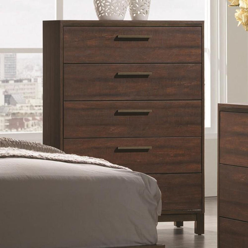 Wooden Chest with Five Drawers and Block Legs Support, Dark Brown-Cabinet and Storage Chests-Brown-Wood Metal-JadeMoghul Inc.