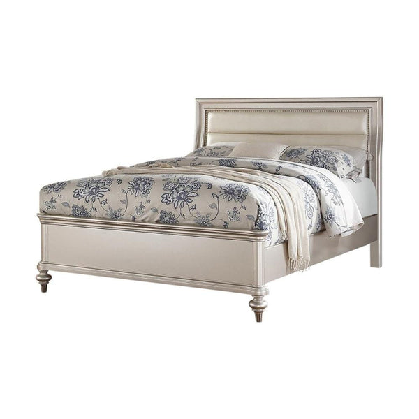 Wooden C.King Bed With Silver PU HB, Shinny Silver Finish-Panel Beds-Silver-Pine Wood Faux Leather-JadeMoghul Inc.