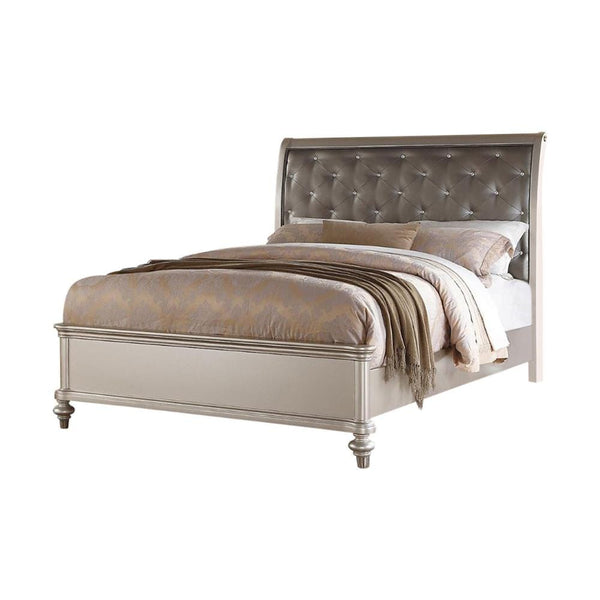 Wooden C.King Bed With Silver PU Tufted HB, Shinny Silver Finish-Panel Beds-Silver/Gray-Pine Wood Faux Leather-JadeMoghul Inc.