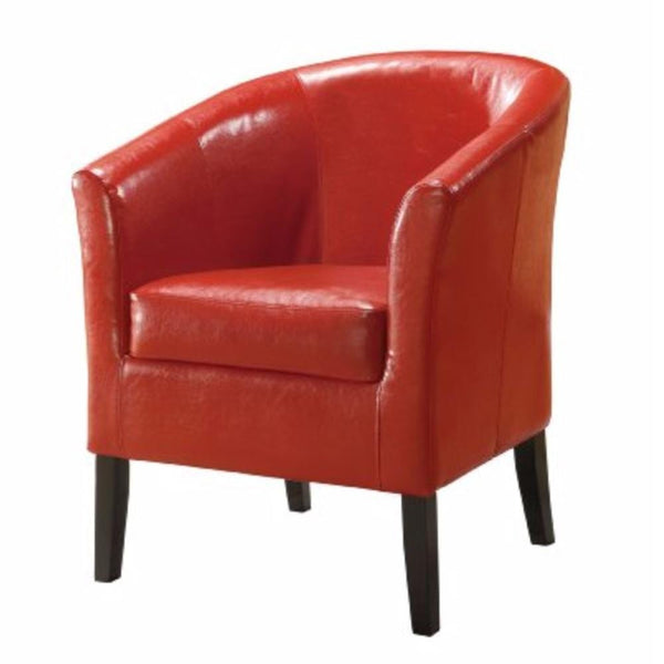 Wooden Club Chair with Faux Leather Upholstery, Red and Brown-Accent Chairs-Red and Brown-Rubberwood, Plywood and Faux Leather-JadeMoghul Inc.