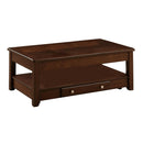 Wooden Cocktail Table With Bottom Shelf and Drawer, Cherry Brown-Coffee Tables-Brown-Wood-JadeMoghul Inc.