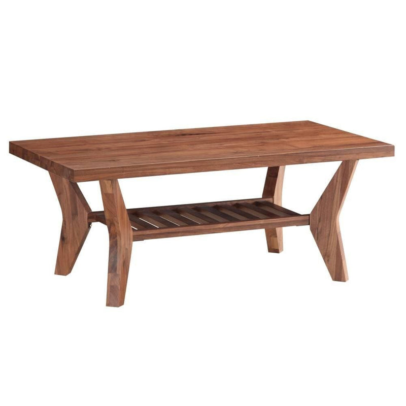 Wooden Coffee Table with Bottom Shelf and Wishbone Legs, Walnut Brown-Coffee Tables-Brown-Wood-JadeMoghul Inc.