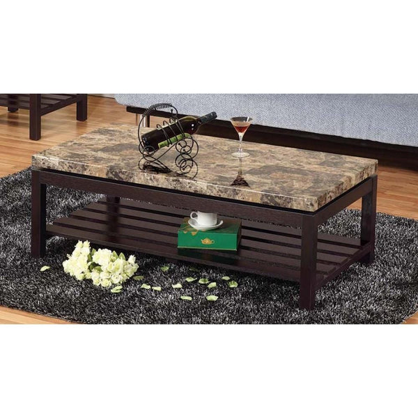 Wooden Coffee Table With Faux Marble Top, Red Cocoa Brown-Coffee Tables-Brown-MDF Wood Marble-JadeMoghul Inc.