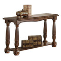 Wooden Console Table With Bottom Shelf, Brown-Console Tables-Brown-Rubber Wood Faux Leather MDF Okoume Veneer-JadeMoghul Inc.