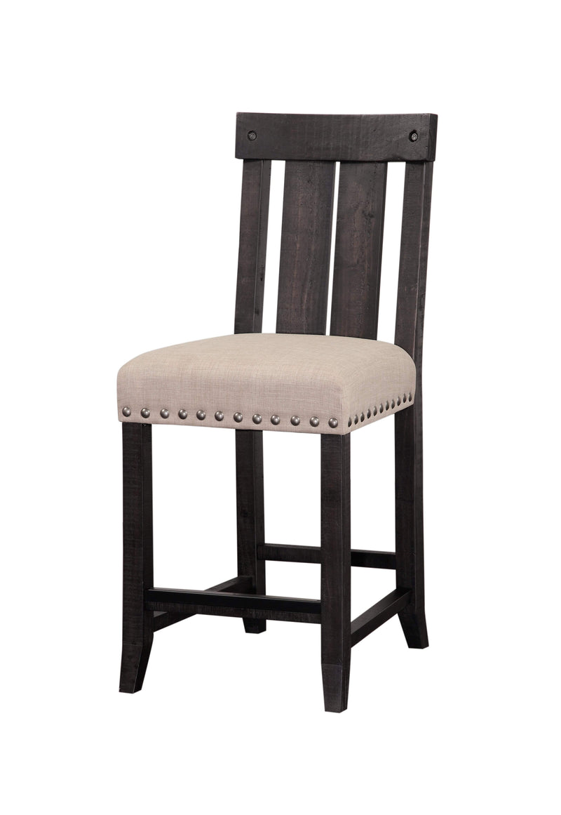 Wooden Counter Height Stool with Fabric Upholstered Seat and Slat Style Back, Black and Beige