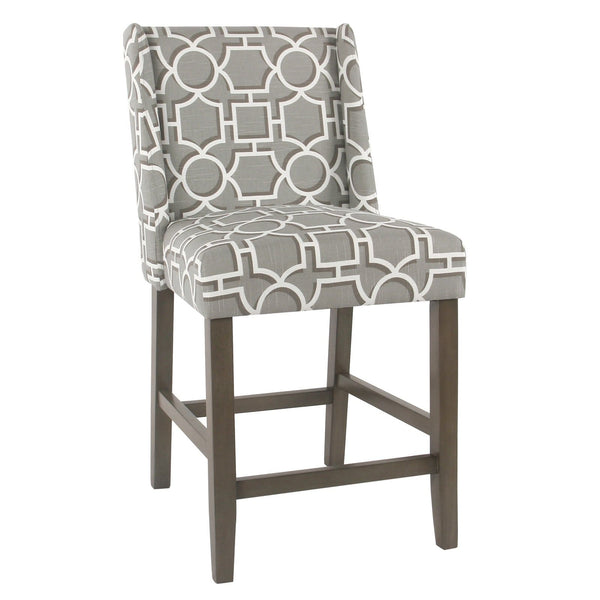 Wooden Counter Stool with Lattice Plaid Fabric Upholstered Seating, Gray and Brown-Bar Stools & Tables-Gray and Brown-Wood and Fabric-JadeMoghul Inc.