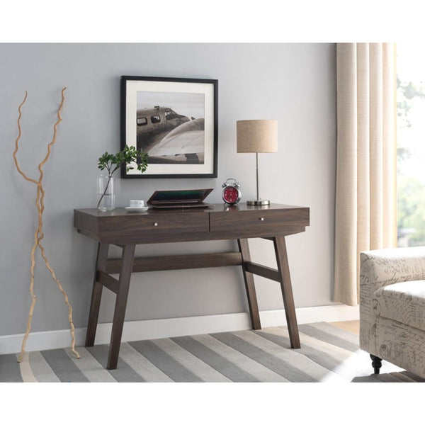Wooden Desk With 2 Drawers, Dark Walnut Brown-Desk-Brown-Wood-JadeMoghul Inc.