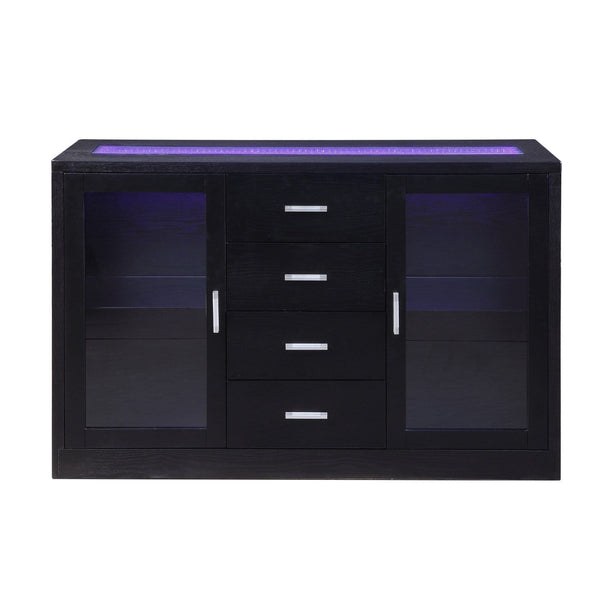Wooden Dining Server with Two Glass Door Cabinets and LED Light, Black-Cabinet and Storage Chests-Black-Wood and Glass-JadeMoghul Inc.