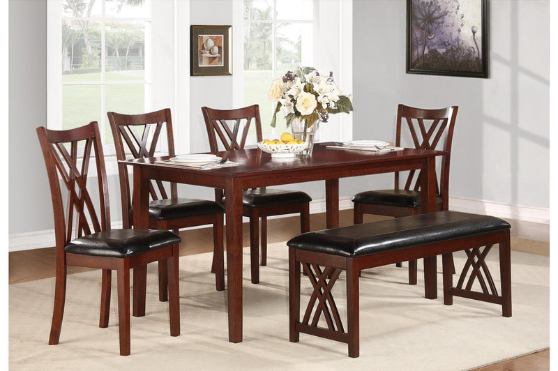 Wooden Dining Table with Leatherette Seat Chairs and Bench, Brown and Black, Pack of Six-Dining Chairs-Brown and Black-Wood and Bi-cast Vinyl-JadeMoghul Inc.