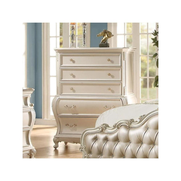 Wooden Drawer Chest with Five Drawers, Pearl White-Cabinet and Storage Chests-White-Wood And Metal-JadeMoghul Inc.