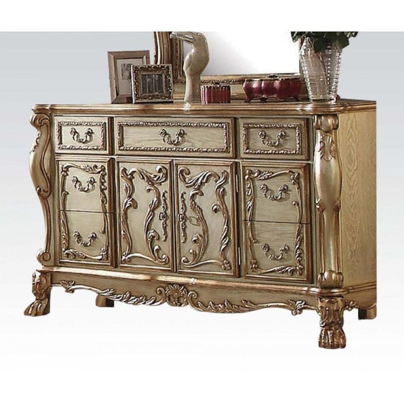 Wooden Dresser with Multiple Drawers & One Cabinet, Gold & Bone White-Bedroom Furniture-Gold & White-Wood And Metal-JadeMoghul Inc.