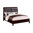 Wooden E.King Bed With Boxed Faux Leather HB, Medium Cherry-Panel Beds-Dark Brown/Black-PineFaux LeatherMdf-JadeMoghul Inc.