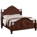 Wooden E.King Bed With Circular Floral Design, Cherry Finish-Panel Beds-Brown-PinePartcile Board / Birch VeneerPoly-JadeMoghul Inc.