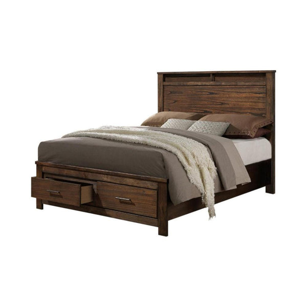 Wooden E.King Bed With Display And Storage Drawers, Oak Finish-Panel Beds-Brown-Solid woodAucoumea VeneerMDFPlywood & Chipboard-JadeMoghul Inc.