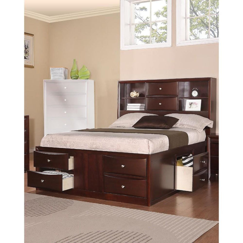 Wooden E.King Bed With Display Shelves & Under Bed Drawers Dark Brown Finish-Panel Beds-Brown-Pine Wood Mdf Birch Veneer Plywood-JadeMoghul Inc.