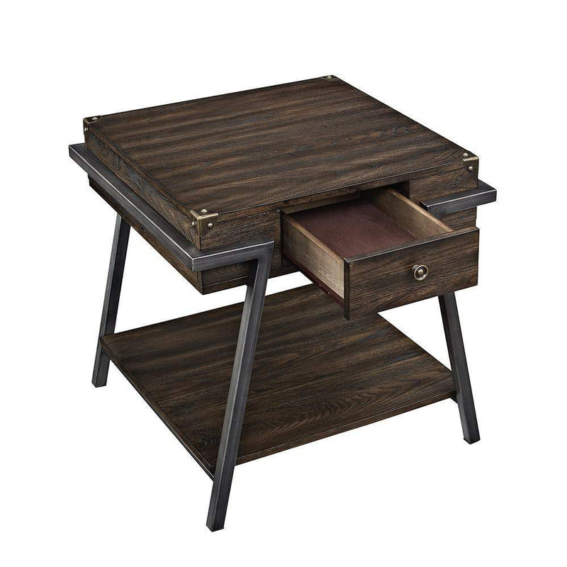 Wooden End Table with One Drawer and One Shelf, Weathered Dark Oak Brown-End Tables-Brown-Wood and Metal-JadeMoghul Inc.