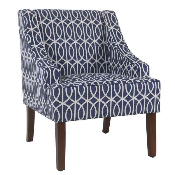 Wooden Fabric Upholstered Accent Chair with Swooping Armrests, Multicolor-Accent Chairs-Blue, White & Brown-Wood and Fabric-JadeMoghul Inc.