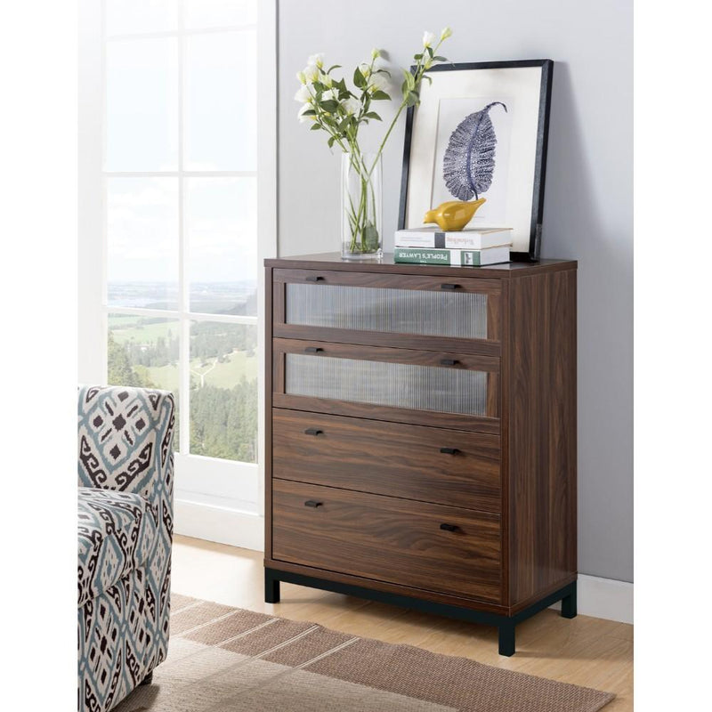 Wooden Four Drawers Utility Chest with Metal Base, Brown and Black-Cabinet and Storage Chests-Brown and Black-Wood Metal and Glass-JadeMoghul Inc.