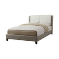 Wooden Full Bed With White PU Head Board, Gray-Panel Beds-white/grey-Faux Leather Pine Wood Partcile Board Plastic Leg-JadeMoghul Inc.