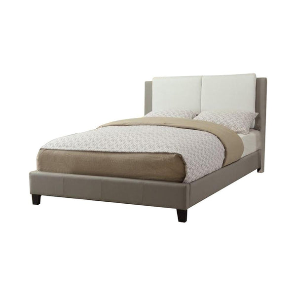 Wooden Full Bed With White PU Head Board, Gray-Panel Beds-white/grey-Faux Leather Pine Wood Partcile Board Plastic Leg-JadeMoghul Inc.