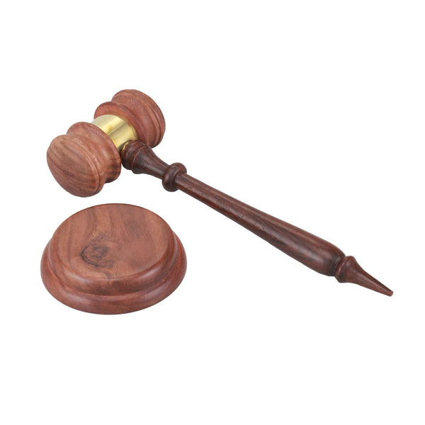 Wooden Gavel And Round Block Set With Brass Work, Natural Brown-Decorative Objects and Figurines-Brown-Wood and Brass-JadeMoghul Inc.