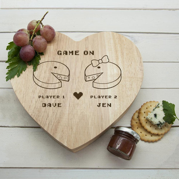 Wooden Gifts & Accessories Cheese Board Ideas Retro 'Game On' Couples' Heart Cheese Board Treat Gifts