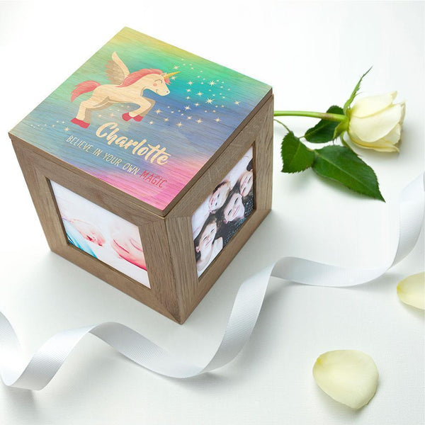 Wooden Gifts & Accessories Personalised Baby Gifts - Baby Unicorn Photo Cube with Rainbow Background Treat Gifts