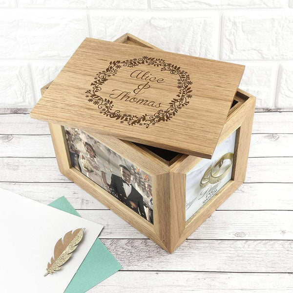 Wooden Gifts & Accessories Personalized Couple Gifts Floral Framed Couples' Midi Oak Photo Cube Keepsake Box Treat Gifts