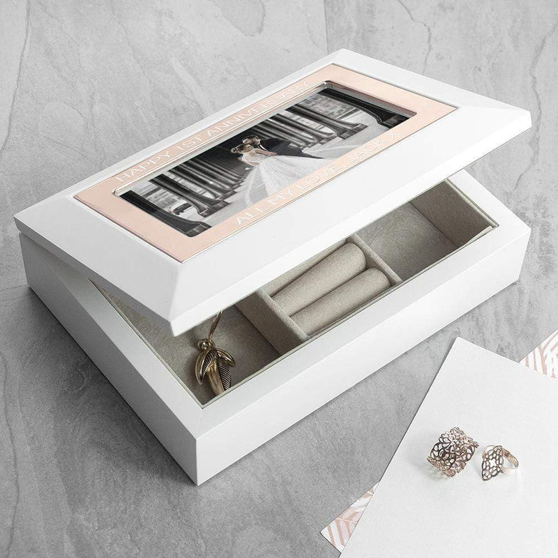 Wooden Gifts & Accessories Personalized Gifts White & Rose Gold Photo Jewelry Box Treat Gifts