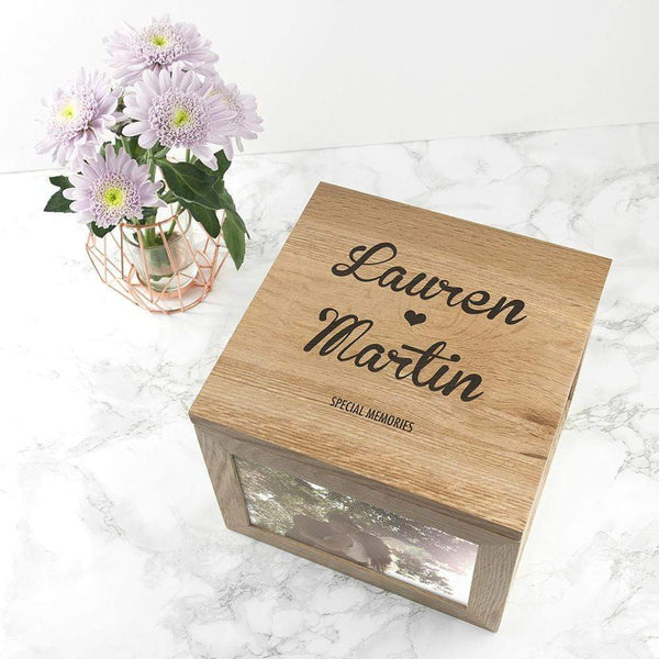 Wooden Gifts & Accessories Personalized Keepsake Box Oak Photo Keepsake Box Couple Name and Heart Treat Gifts