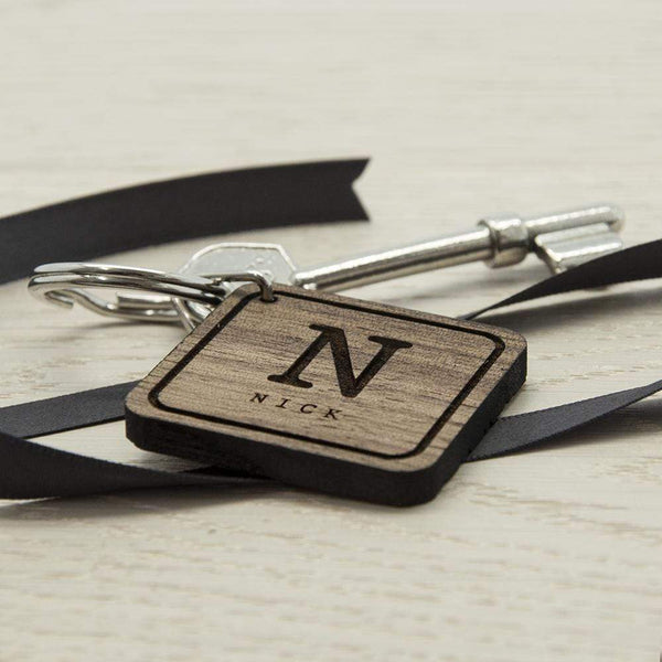 Wooden Gifts & Accessories Personalized Keychains Square Wooden Key Ring - Initial and Name Treat Gifts