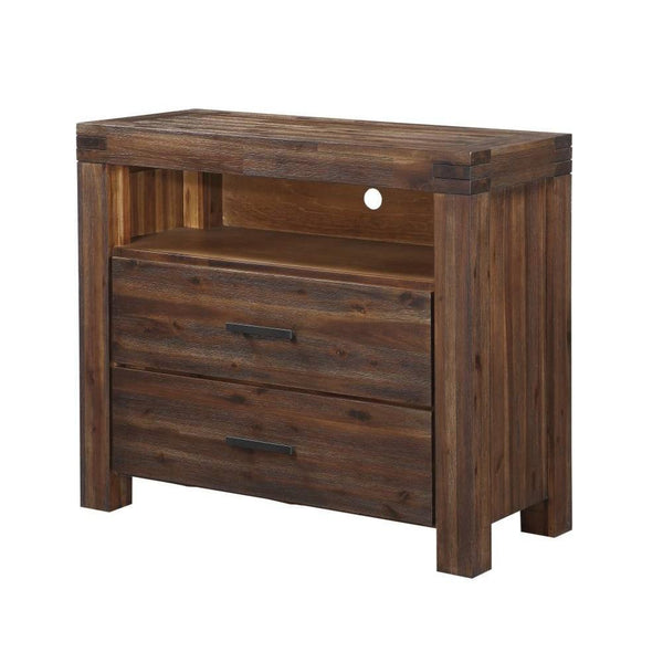 Wooden Media Chest with One Open Shelf and Two Drawers , Brick Brown-Cabinets and storage chests-Brown-Wood and Metal-JadeMoghul Inc.